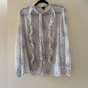Ann Taylor White Sheer Ruffle-Front Blouse with Black Dot Print